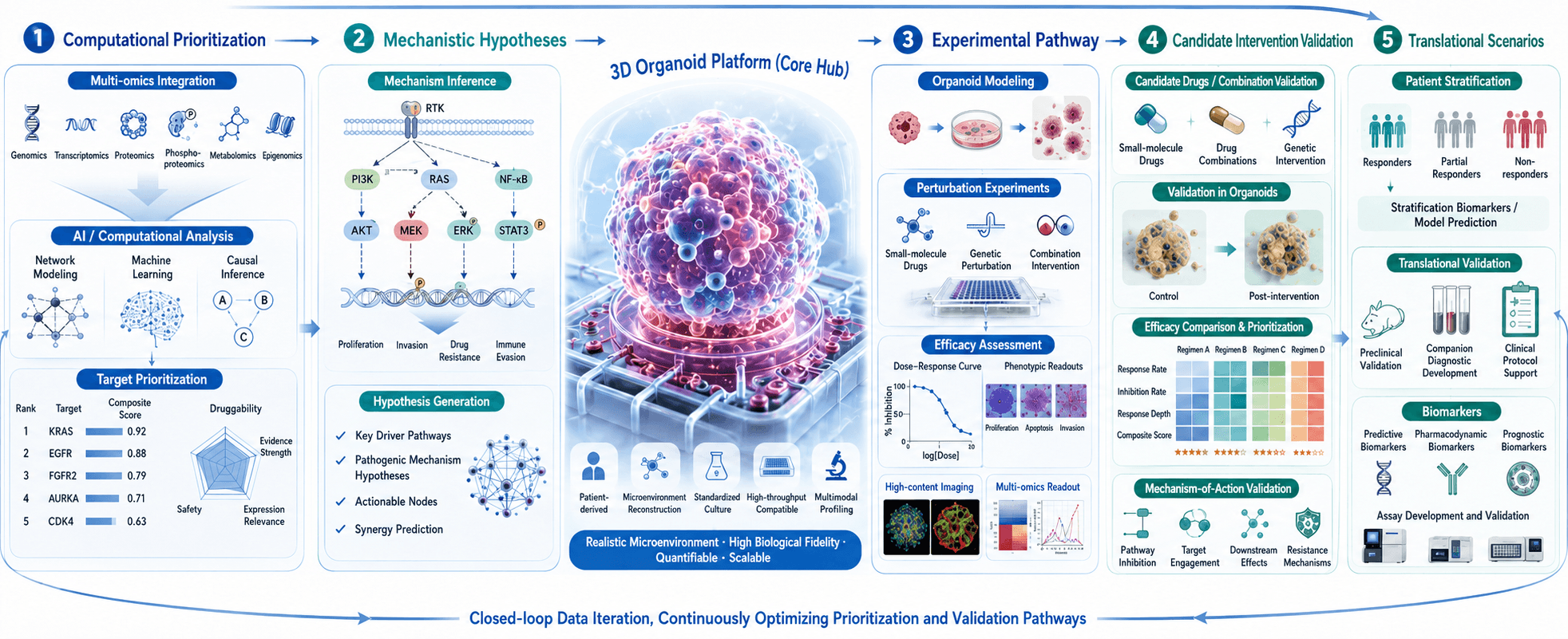 Closed-loop workflow from computational priority to experimental validation and translation